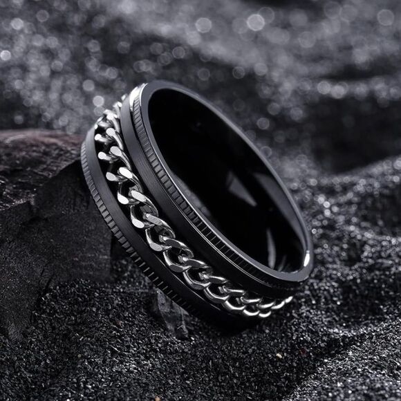 Men's Black and Silver Chain Ring - Picture 2 of 7